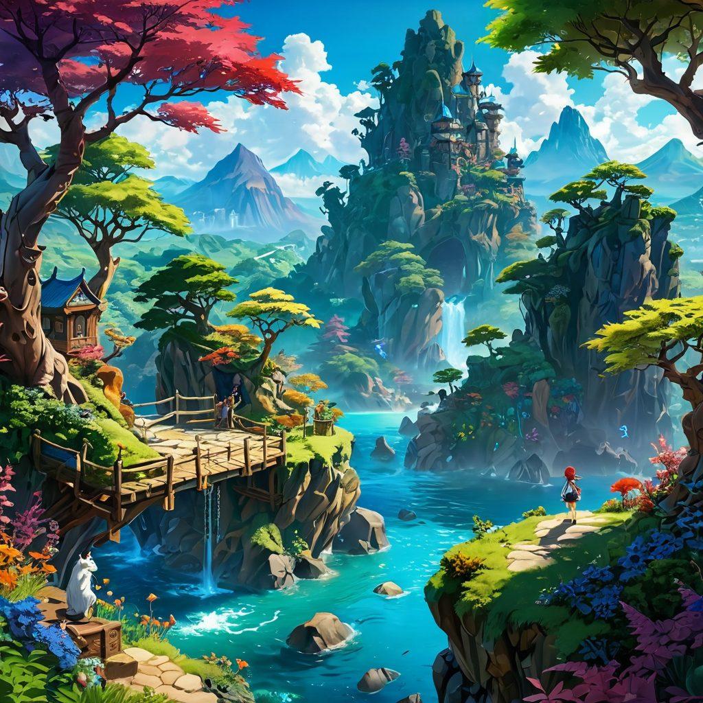 A vibrant anime-inspired landscape filled with playful characters showcasing various fantasy elements. Include playful scenes of camaraderie and adventure, blending elements of nature and fantasy creatures. Highlight a whimsical, colorful atmosphere with dynamic poses and expressions that evoke excitement. Bold colors and intricate details are essential to capture the essence of anime. super-realistic. vibrant colors. 3D.